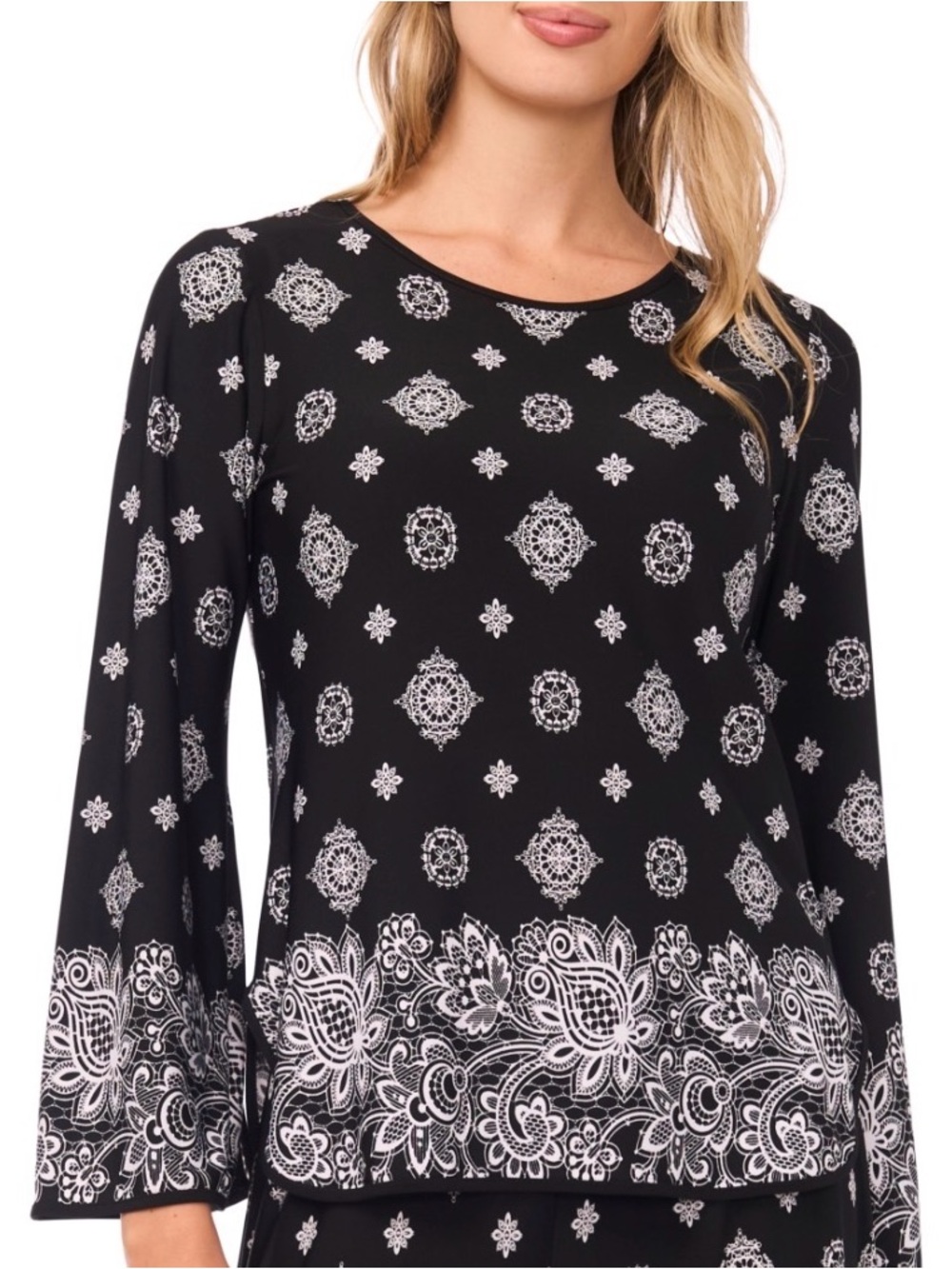 Sam and Jess Black Long-Sleeve Border Print Blouse size PL
